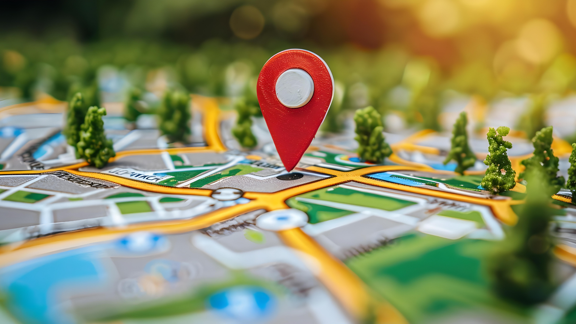 Red location marker on a map with miniature trees, indicating a specific point.