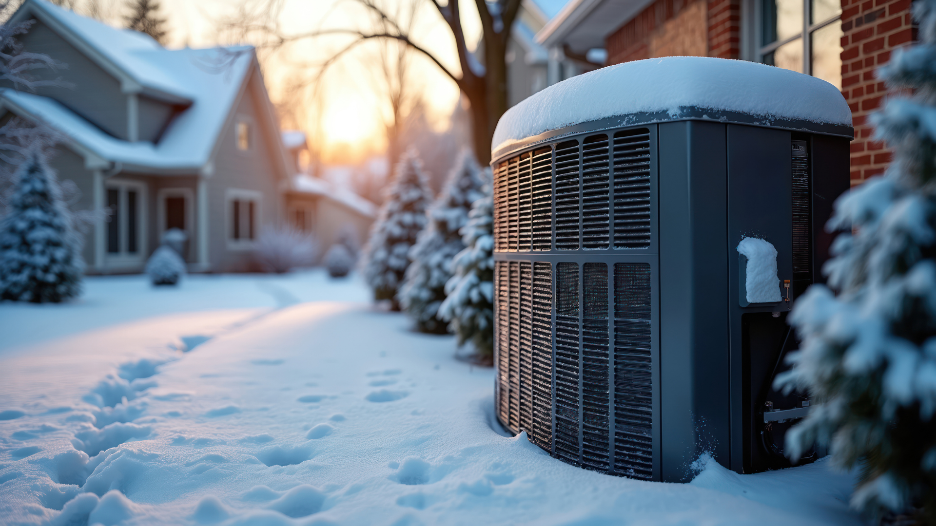 Air conditioning unit covered in snow in front of a house, winter setting.