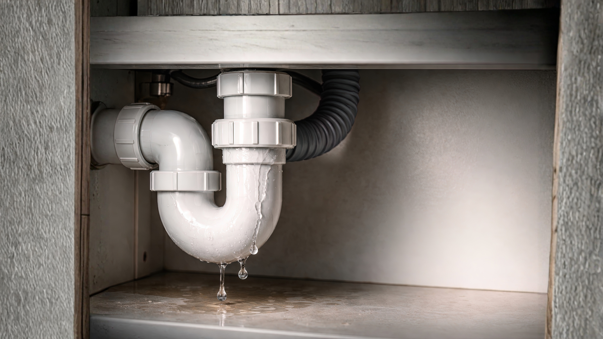 A white plastic sink P-trap under a cabinet is leaking water onto the shelf below.
