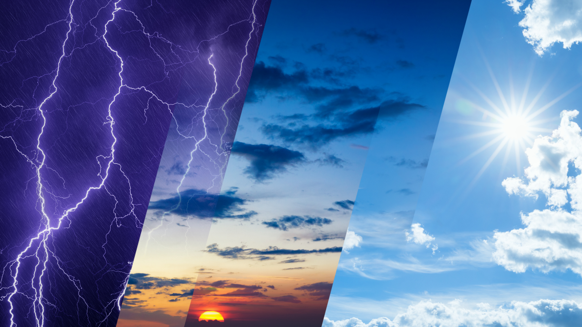 Collage of storm clouds, sunset, and sunny blue sky with bright sun