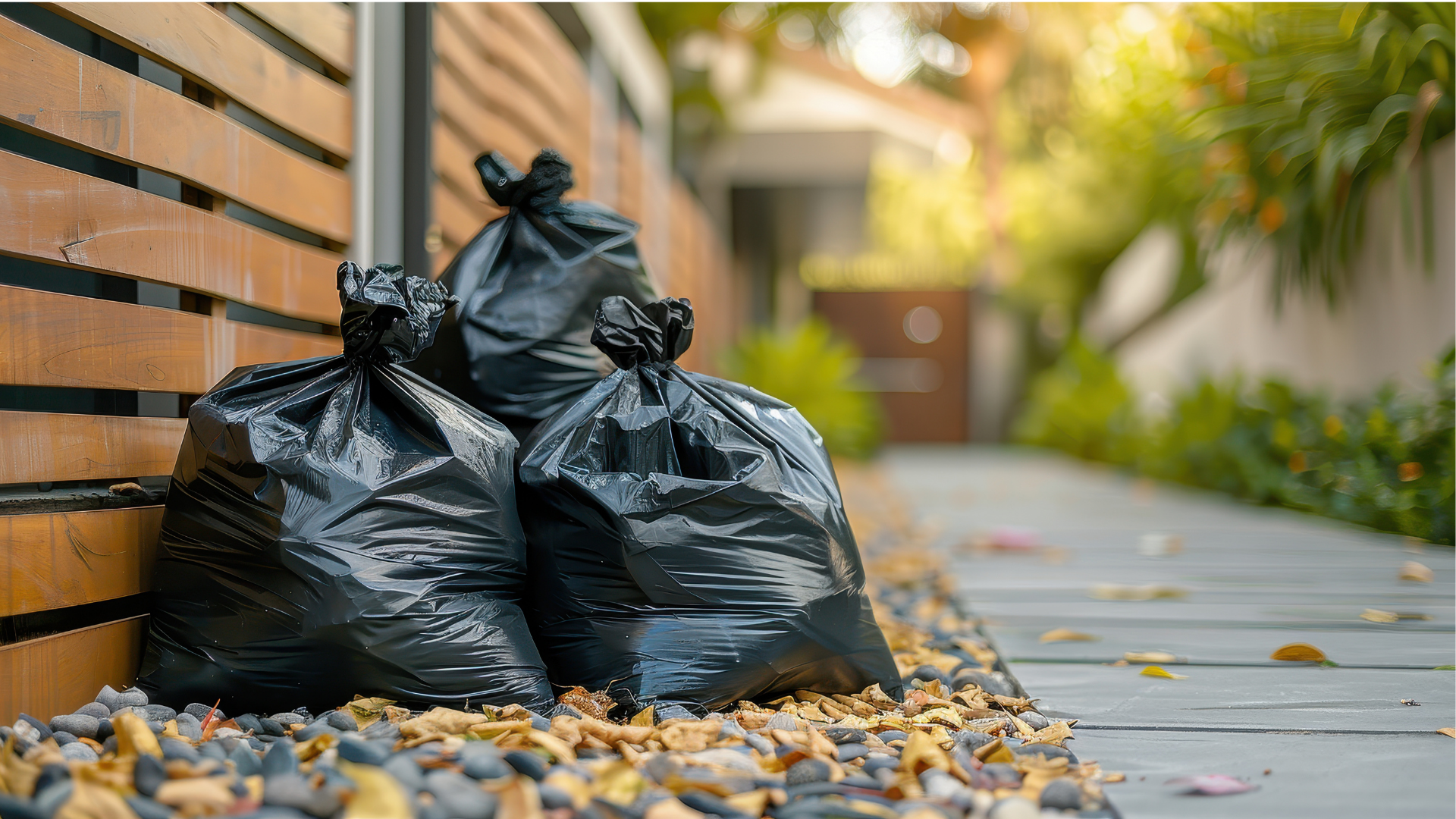Three black garbage bags sit against a wooden fence and stone path, surrounded by fallen leaves.
