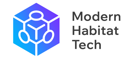 Logo with a blue and purple gradient cube, and the words