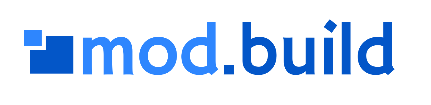 Logo for mod.build in blue text with a blue square icon.