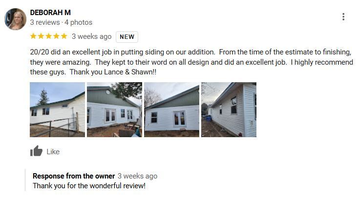 Review of siding work; white house with new siding. Customer review praising the work; three photos of the house.