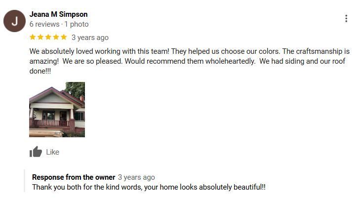 Customer review of a home improvement company with a photo of a house.