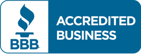 BBB Accredited Business logo, blue and white. Torch graphic and 