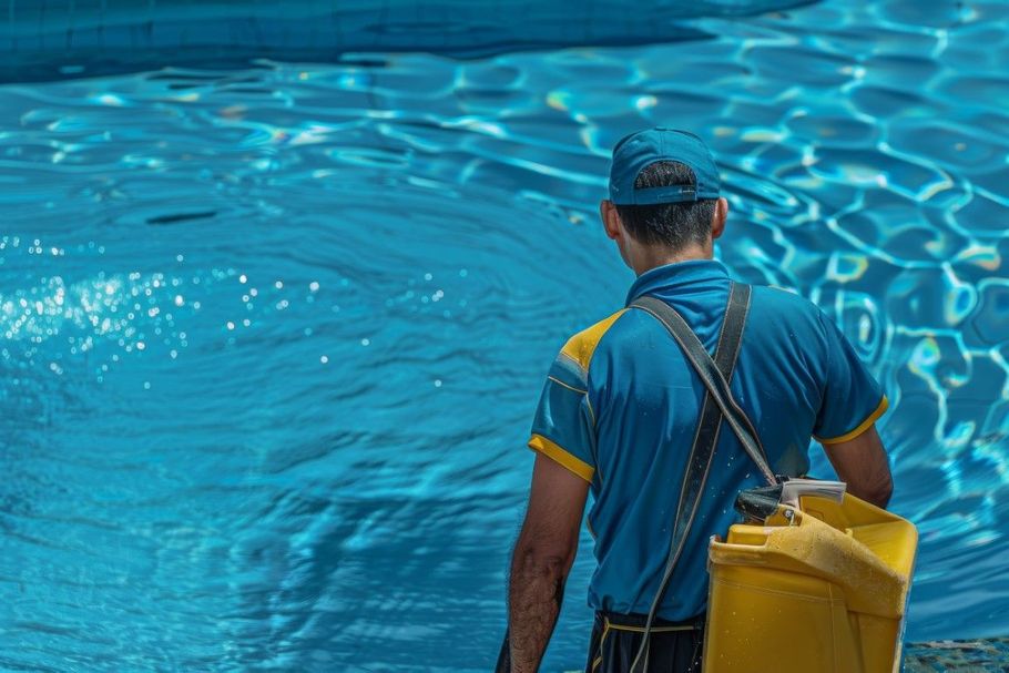 Worker in blue uniform cleaning a bright blue pool with a yellow chemical tank on his back