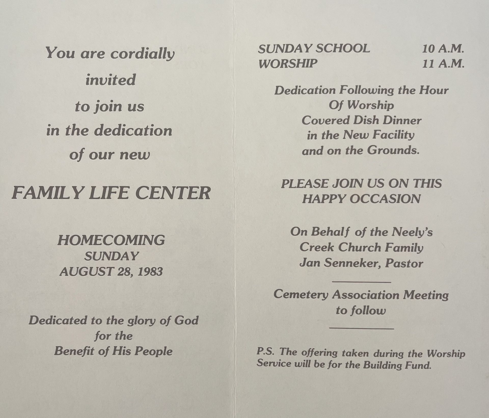 Neelys Creek ARP Church invitation to homecoming and family life center 1983