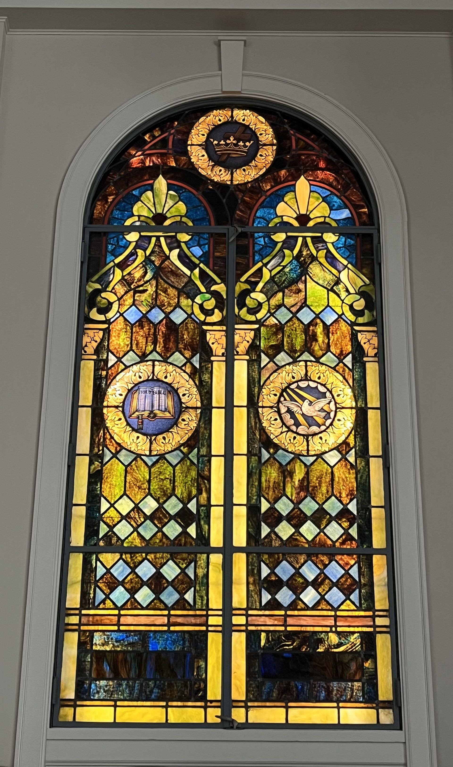 Neelys Creek ARP Church stained glass window salvaged and used in the current choir loft