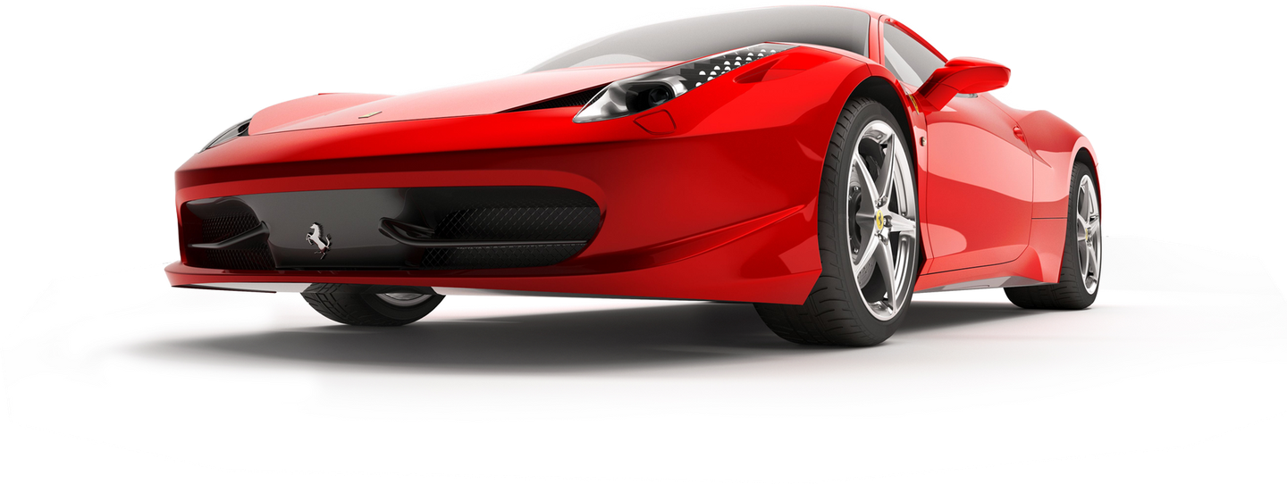 A red sports car is sitting on a white surface.