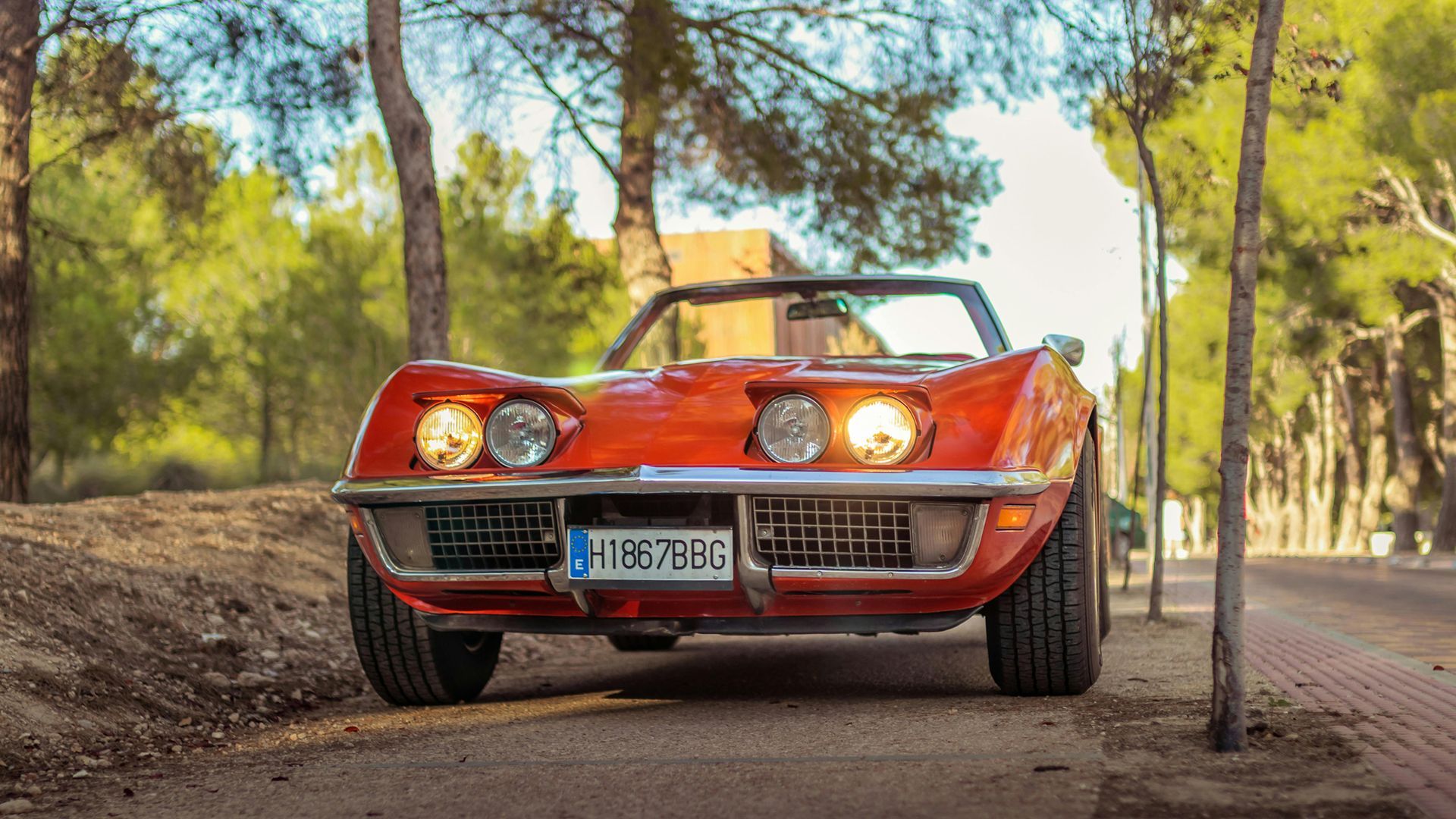 A red corvette convertible is parked on the side of the road.