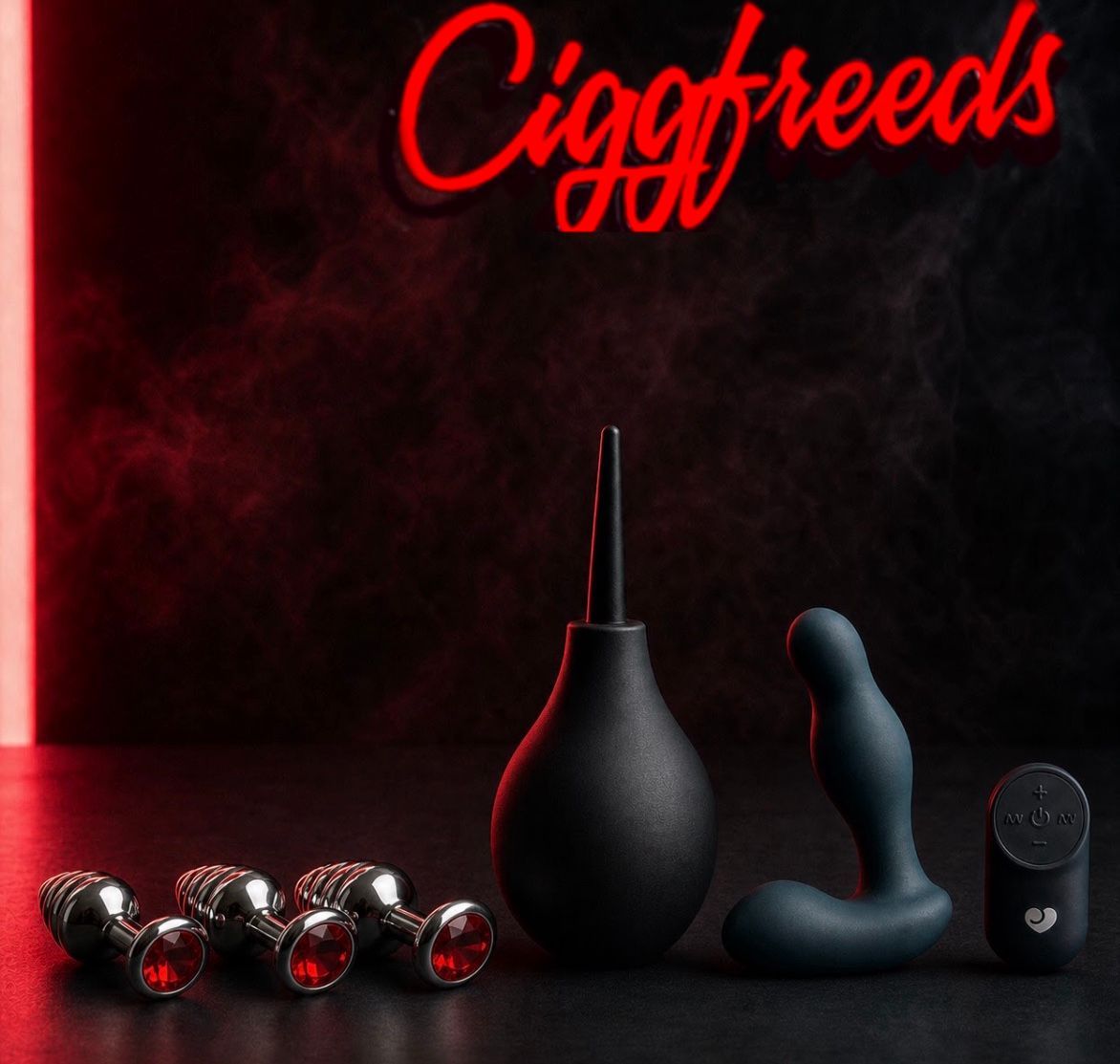 A flat-lay view of several small, bulb-shaped silicone plugs in alternating black and bright pink colors.