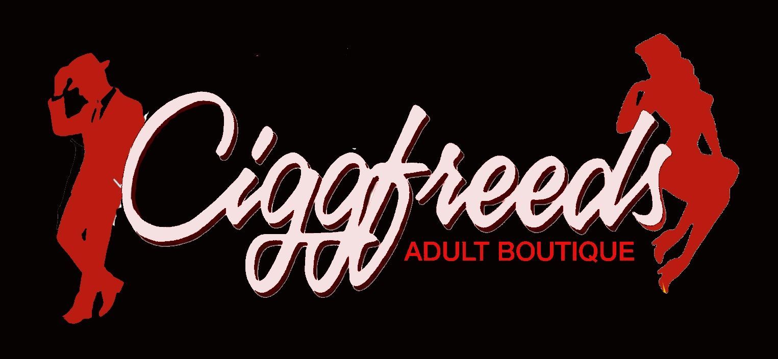 Logo for Cigafreeds Adult Boutique with bold red text and silhouettes of two figures, one holding a whip.