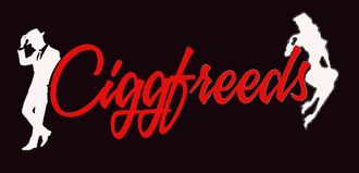 Logo for Cigafreeds Adult Boutique with bold red text and silhouettes of two figures, one holding a whip.