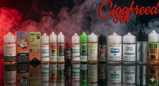 Two vape liquid bottles, one red and one clear, placed next to a tan-colored vape device on a dark, textured surface.