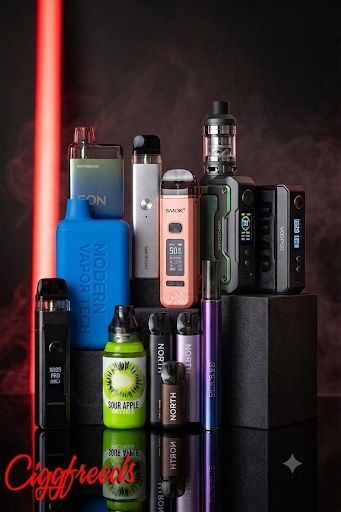 A colorful, metallic heating coil for an electronic cigarette, installed in a grey atomizer deck.