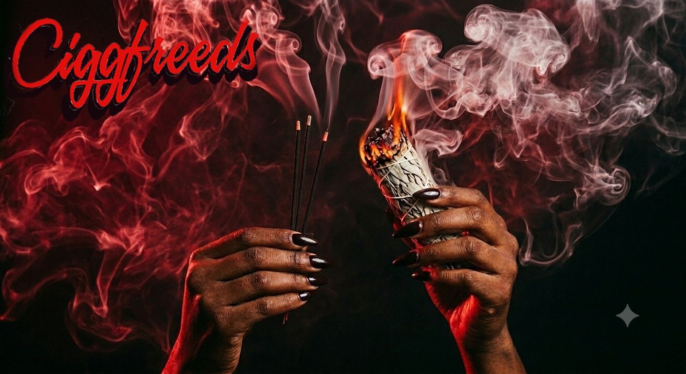 A close-up view of a hand holding a smoking pipe with glowing embers inside, surrounded by wisps of grey smoke.