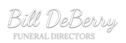 Bill DeBerry Funeral Directors logo. White script text on gray background.