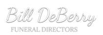 Bill DeBerry Funeral Directors logo. White script text on gray background.