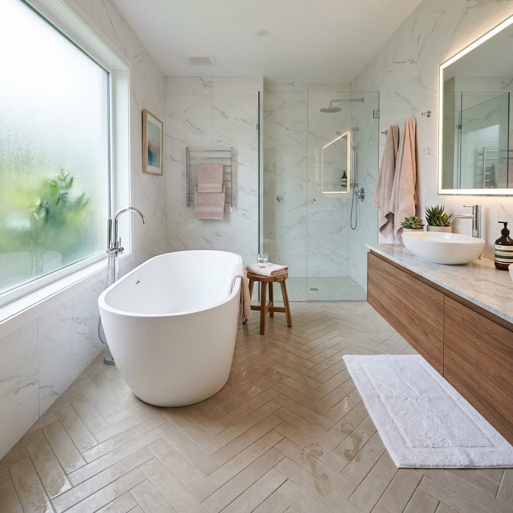 Bright modern bathroom with freestanding tub, large window, wood vanity, and glass shower.