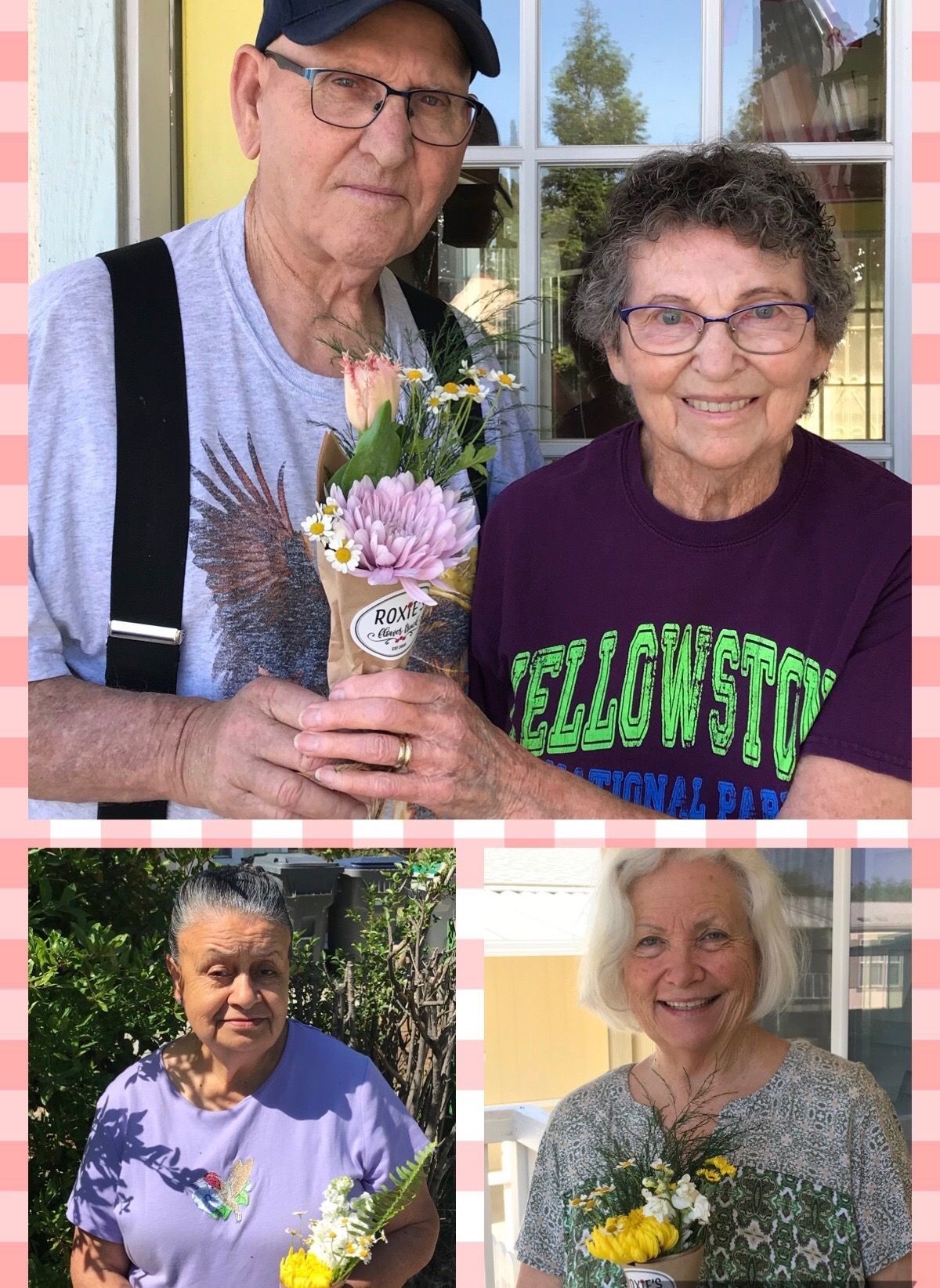 a man and woman are holding flowers and the womman is wearing a yellowstone shirt