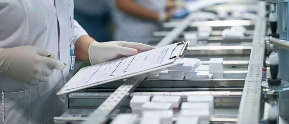 A person is holding a clipboard in a factory.