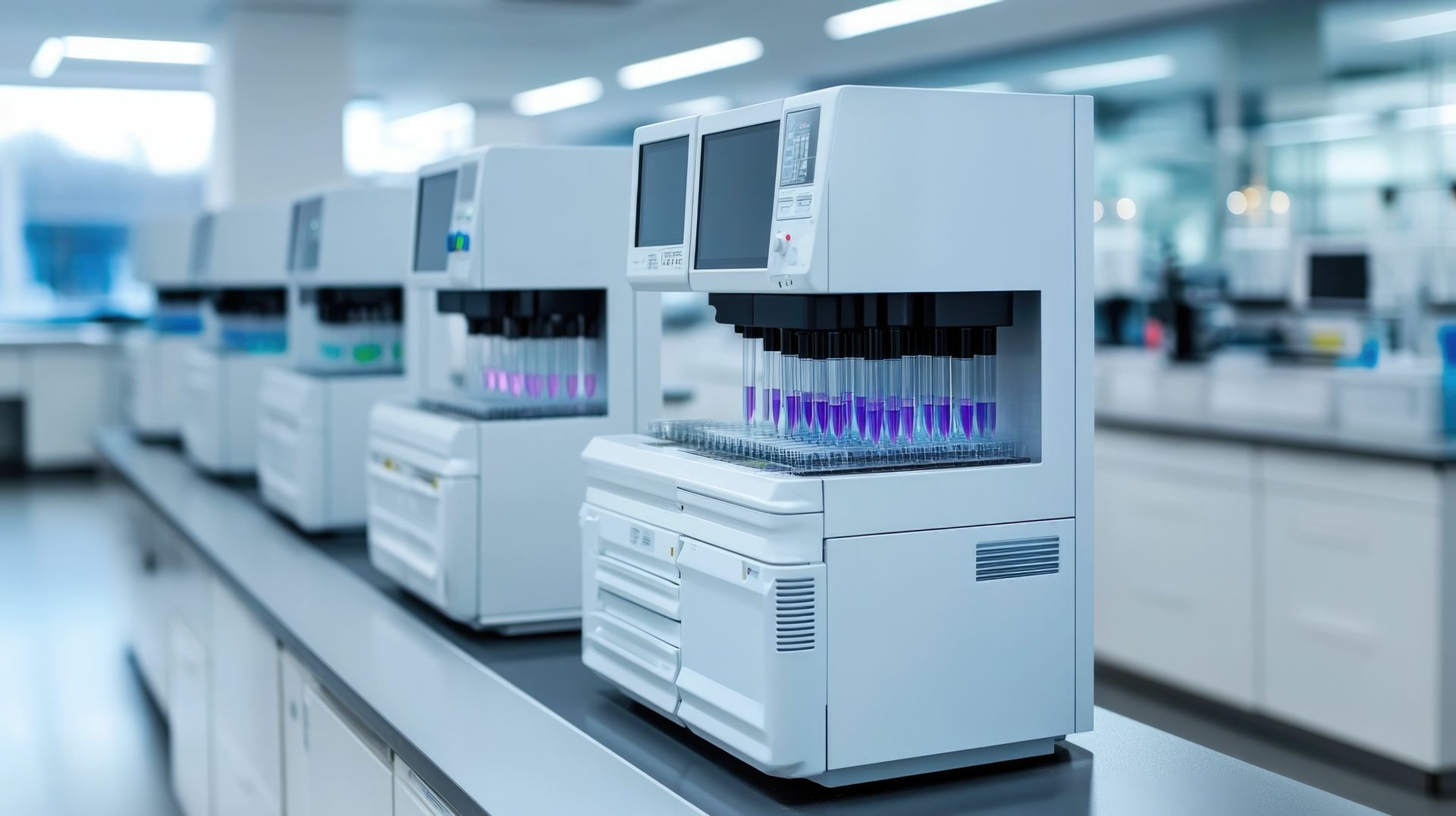 A row of laboratory equipment sitting on top of a counter in a laboratory.