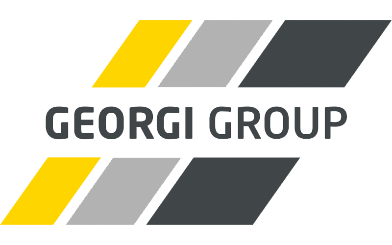 Das Logo der Georgi Group ist gelb, grau und schwarz.