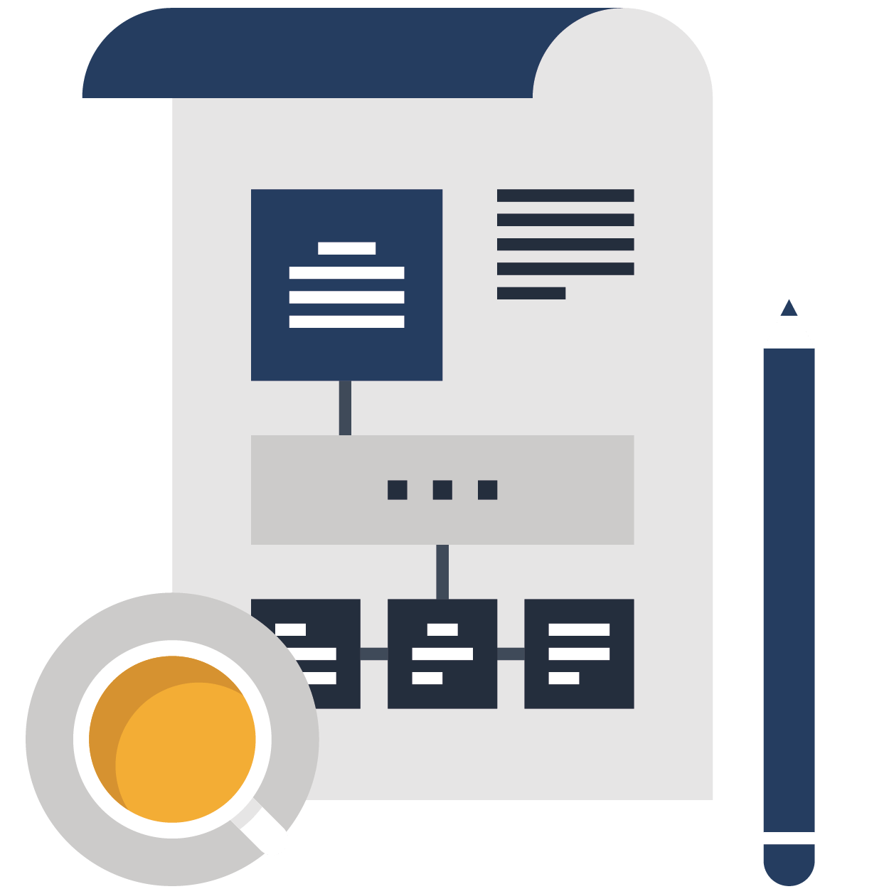 An icon of a paper with a pencil and a magnifying glass.