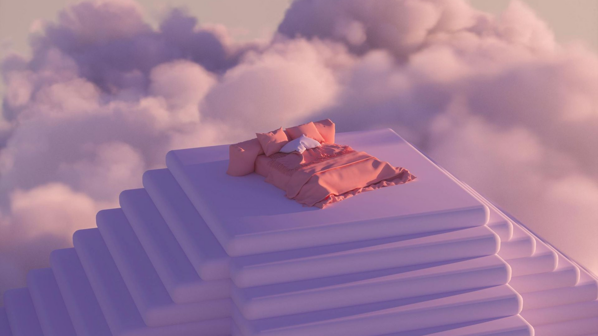 A surreal pastel coloured image of a mountain of steps going up to the clouds with a nice comfortable looking bed on top. The bed linen is mostly a muted red with one purple pillow and the stars are purple as are the clouds