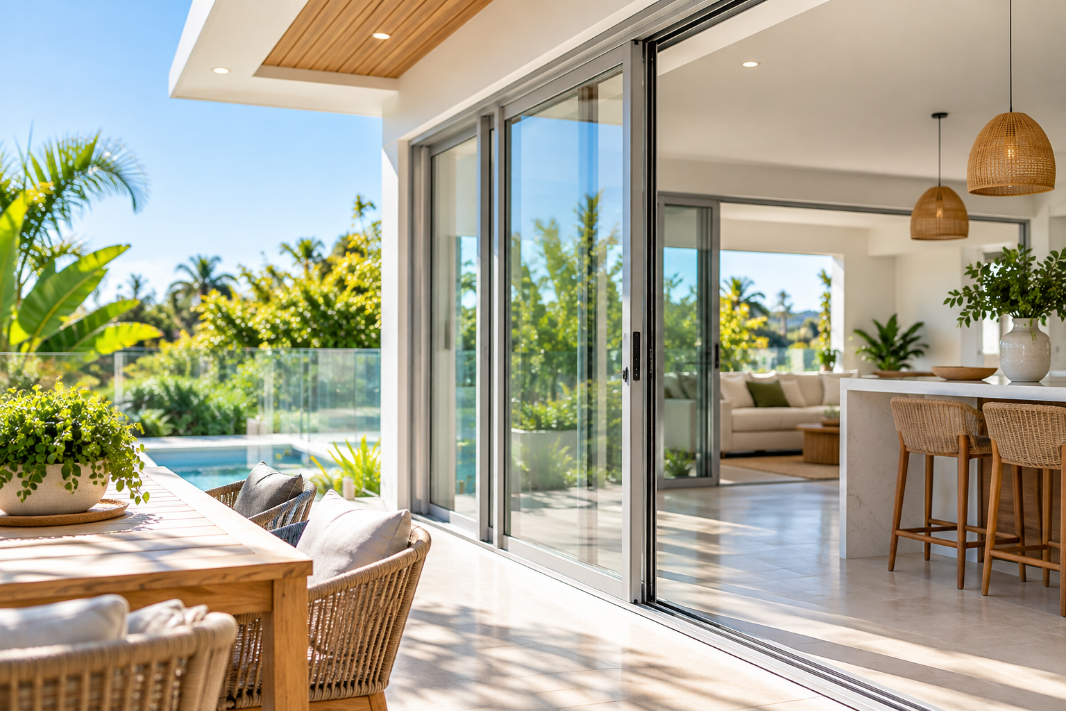 Modern Noosa home featuring aluminium-framed sliding glass doors opening onto an outdoor living area