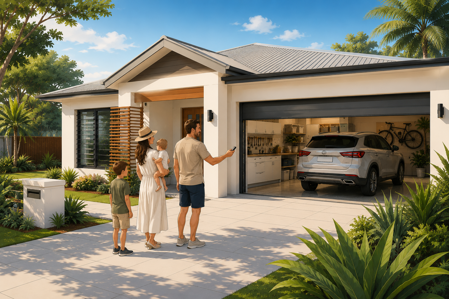2D Modern family home with a stylish new garage door enhancing curb appeal during winter.