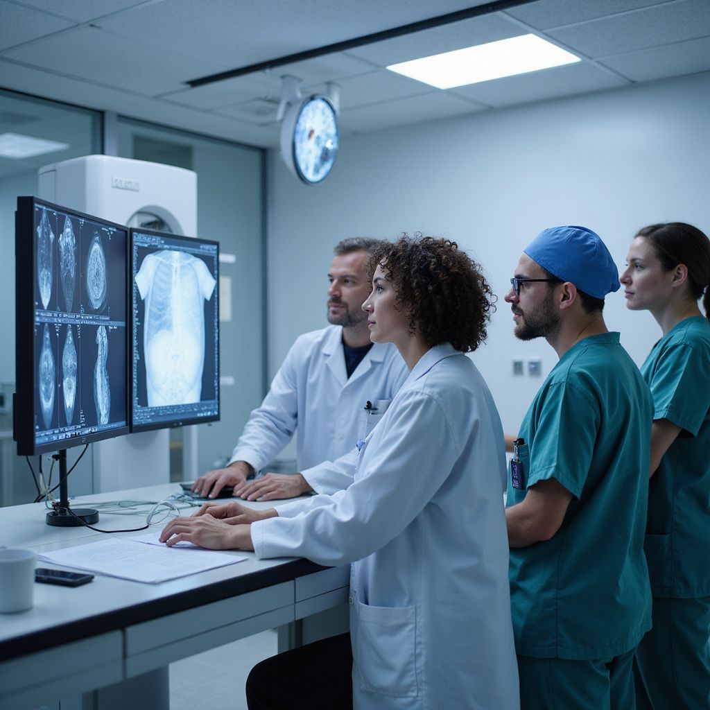 Un team medico esamina le radiografie sui monitor in un ambiente ospedaliero.