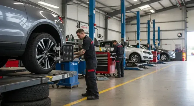 Un mecánico inspecciona un coche plateado en un taller mecánico, con elevadores y otros vehículos al fondo.