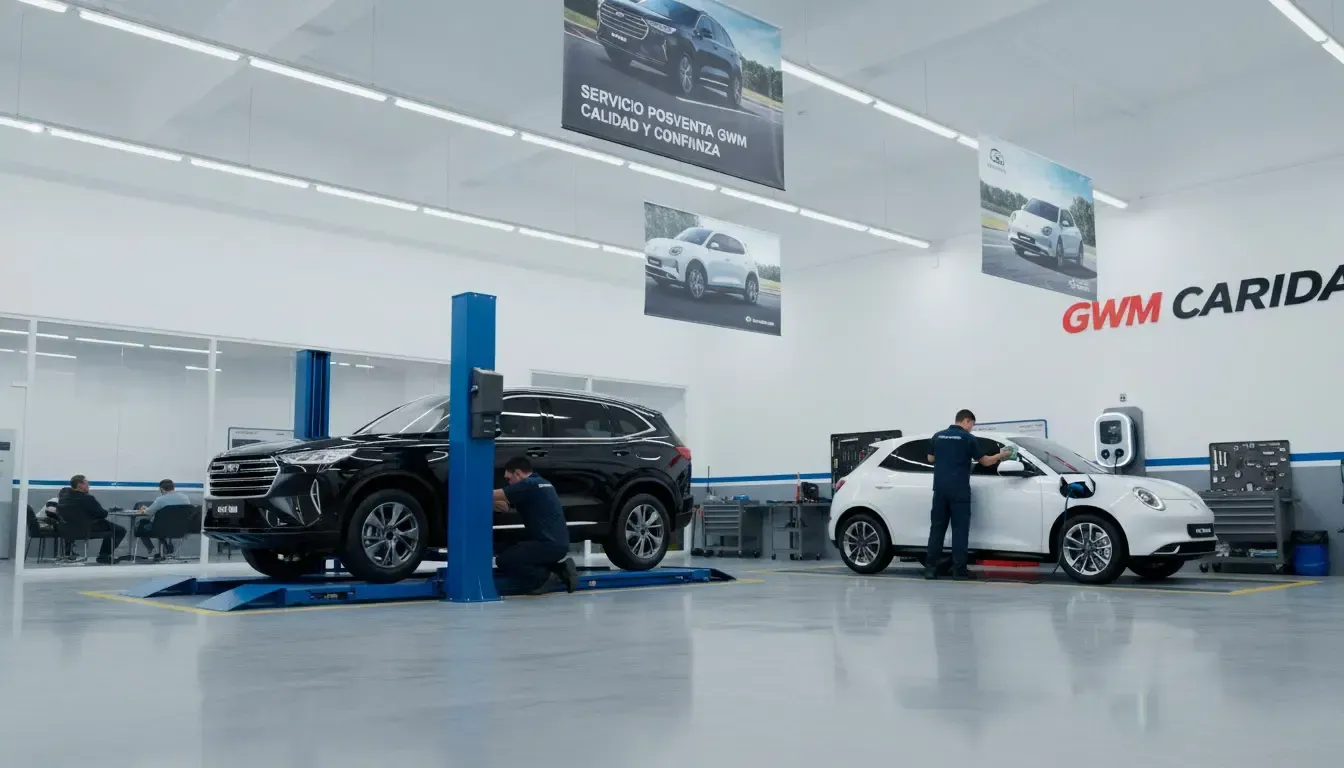 Dos coches expuestos en una luminosa sala de exhibición, con un SUV negro sobre un elevador y un SUV blanco cerca.