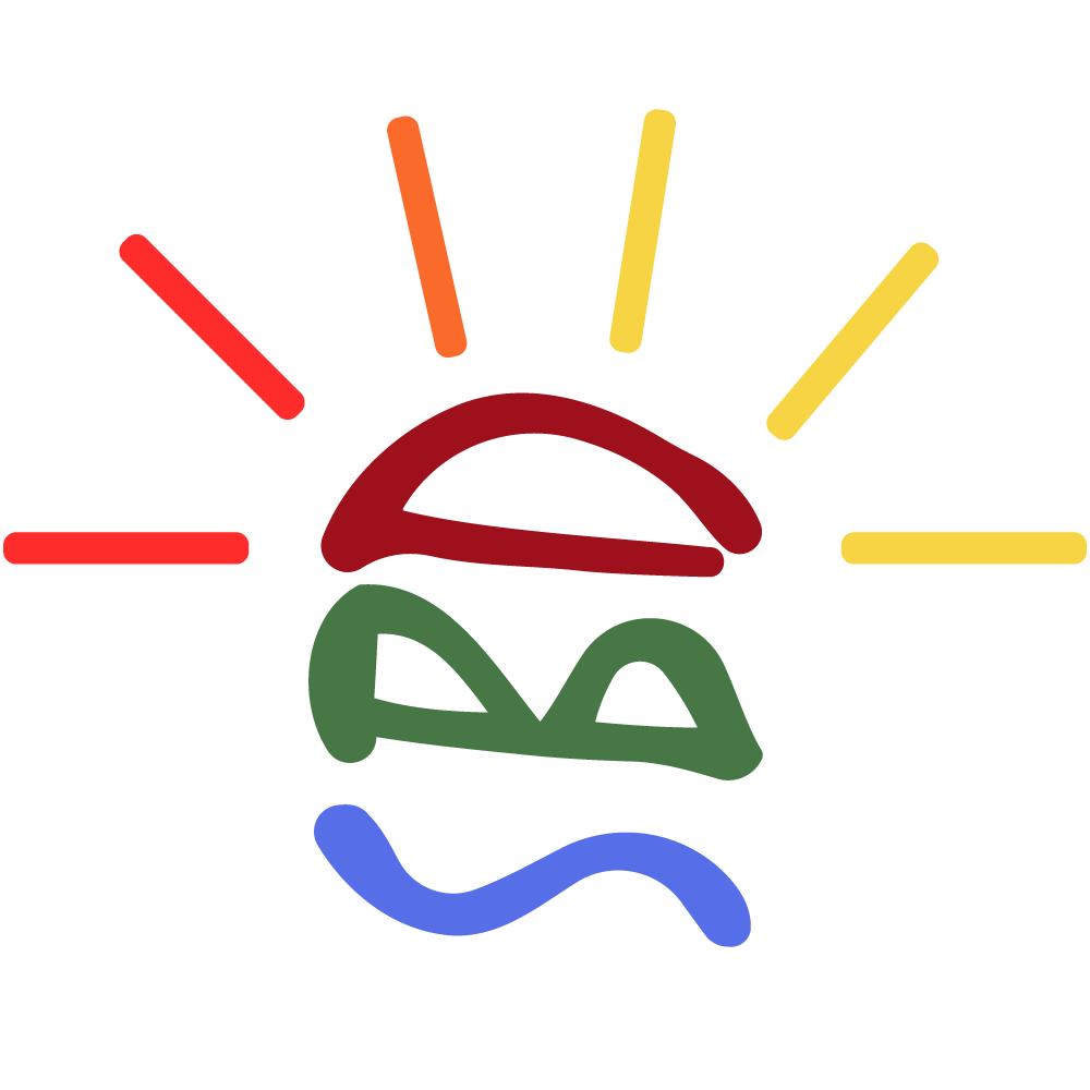 Colorful logo: a red arch above green