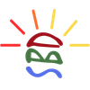 Colorful stylized logo: red, orange, and yellow sunburst around