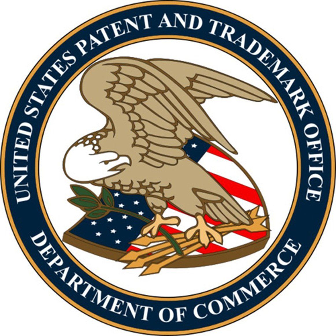 United States Patent and Trademark Office seal with eagle clutching shield and arrows, blue and red colors.