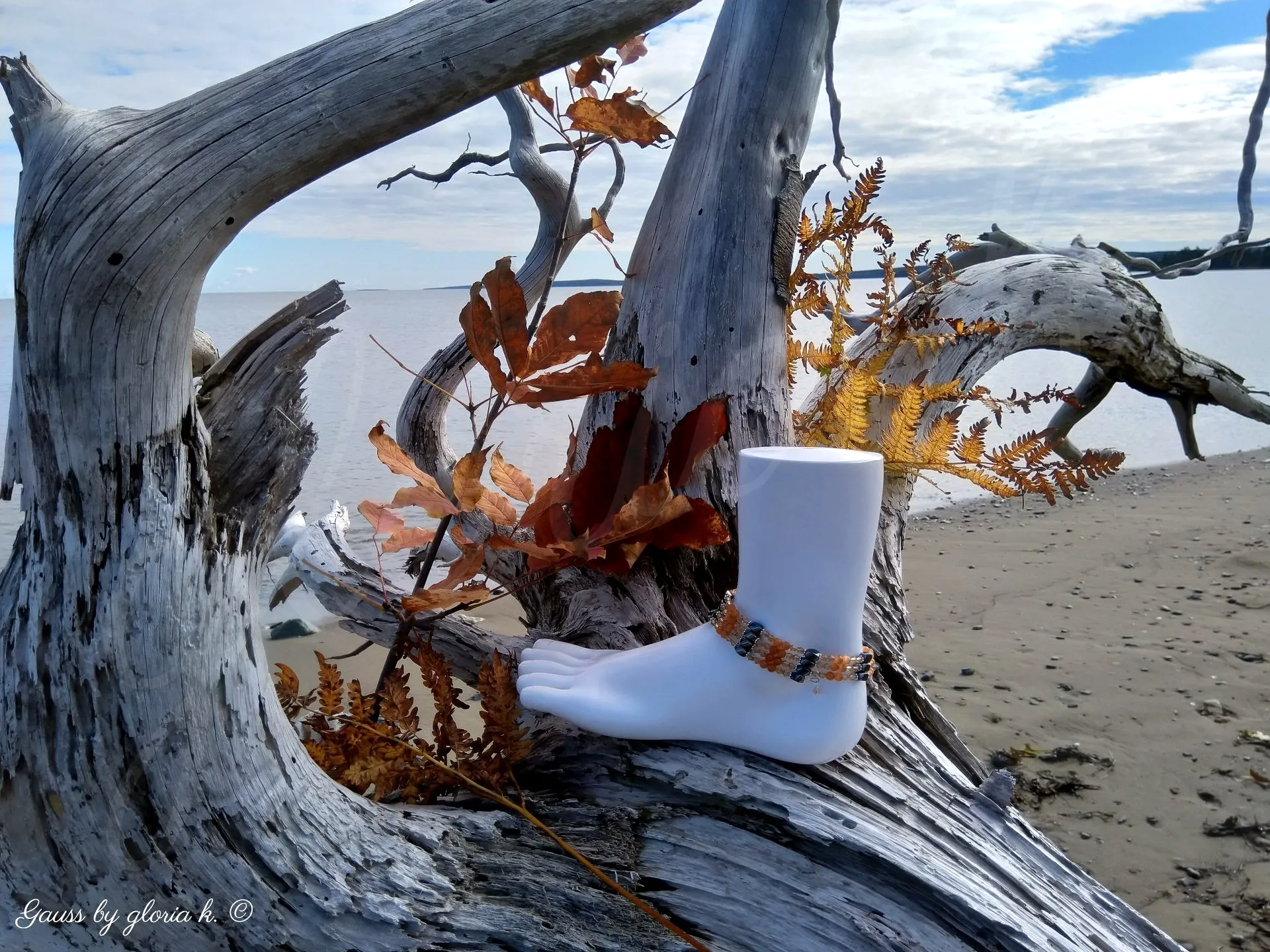 Autumn Ambiance magnetic hematite wrap anklet on driftwood tree trunk