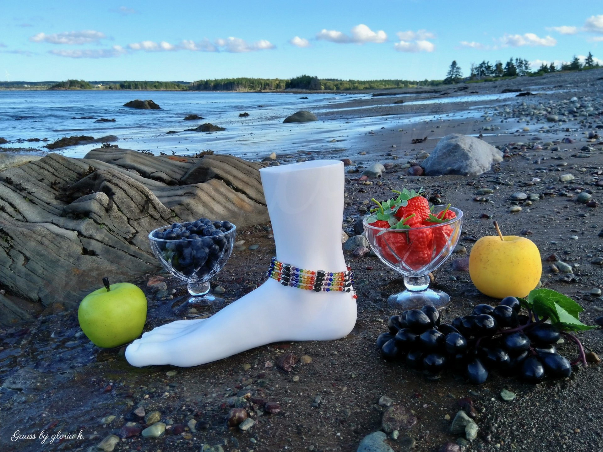 Fruit Cocktail magnetic hematite wrap anklet with fruit on sandy seashore