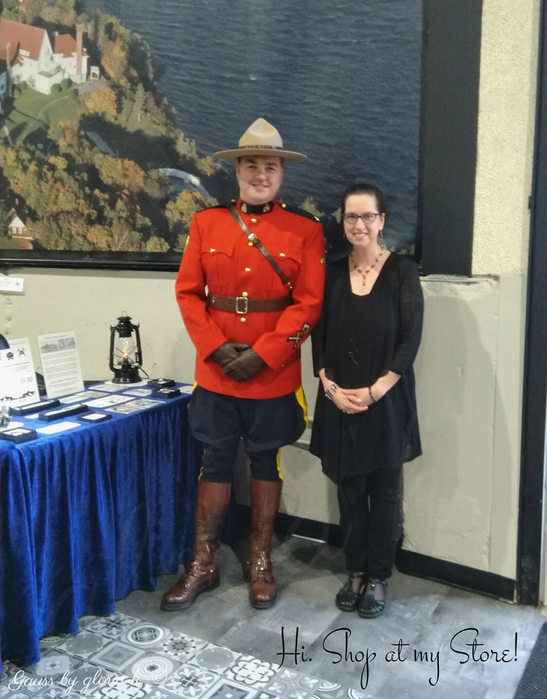 gloria k. and Canadian Mounted police beside magnetic jewellery display.