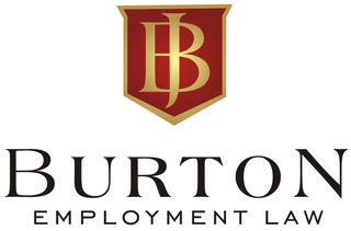 the logo for burton employment law has a red shield with a letter b on it .