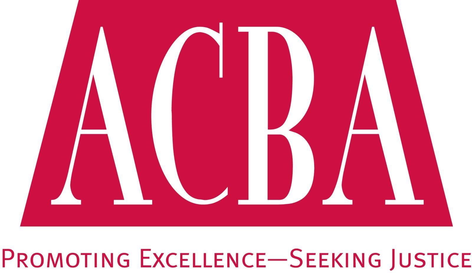 a red and white logo for acba promoting excellence seeking justice