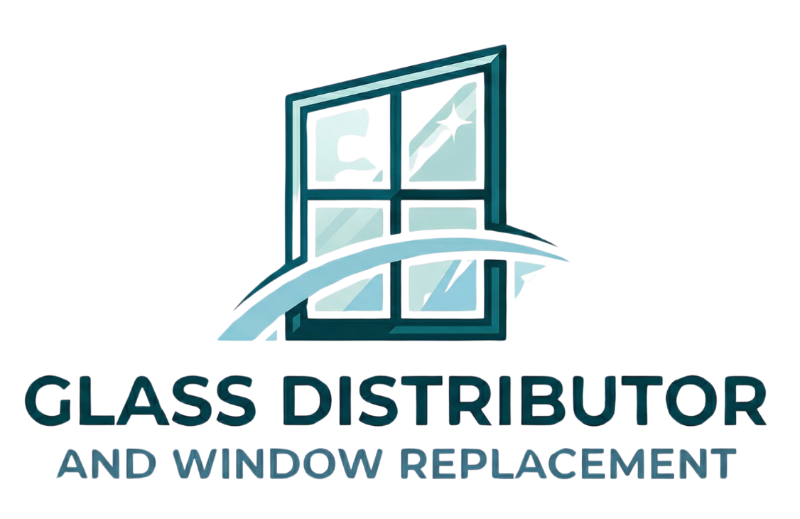 Logo for Glass Distributor and Window Replacement featuring a stylized window icon with a swooping arc in teal and blue.