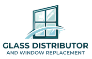 Logo for Glass Distributor and Window Replacement featuring a stylized window icon with a swooping arc in teal and blue.