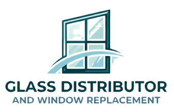 Logo for Glass Distributor and Window Replacement featuring a stylized window icon with a swooping arc in teal and blue.