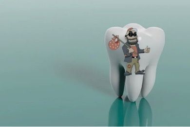 White tooth with a cartoon hobo character on its surface, holding a bindle and giving a thumbs-up.