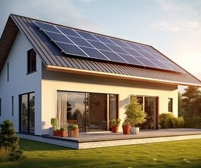Modern white house with a metal roof and solar panels, featuring large sliding glass doors and a patio at sunset.
