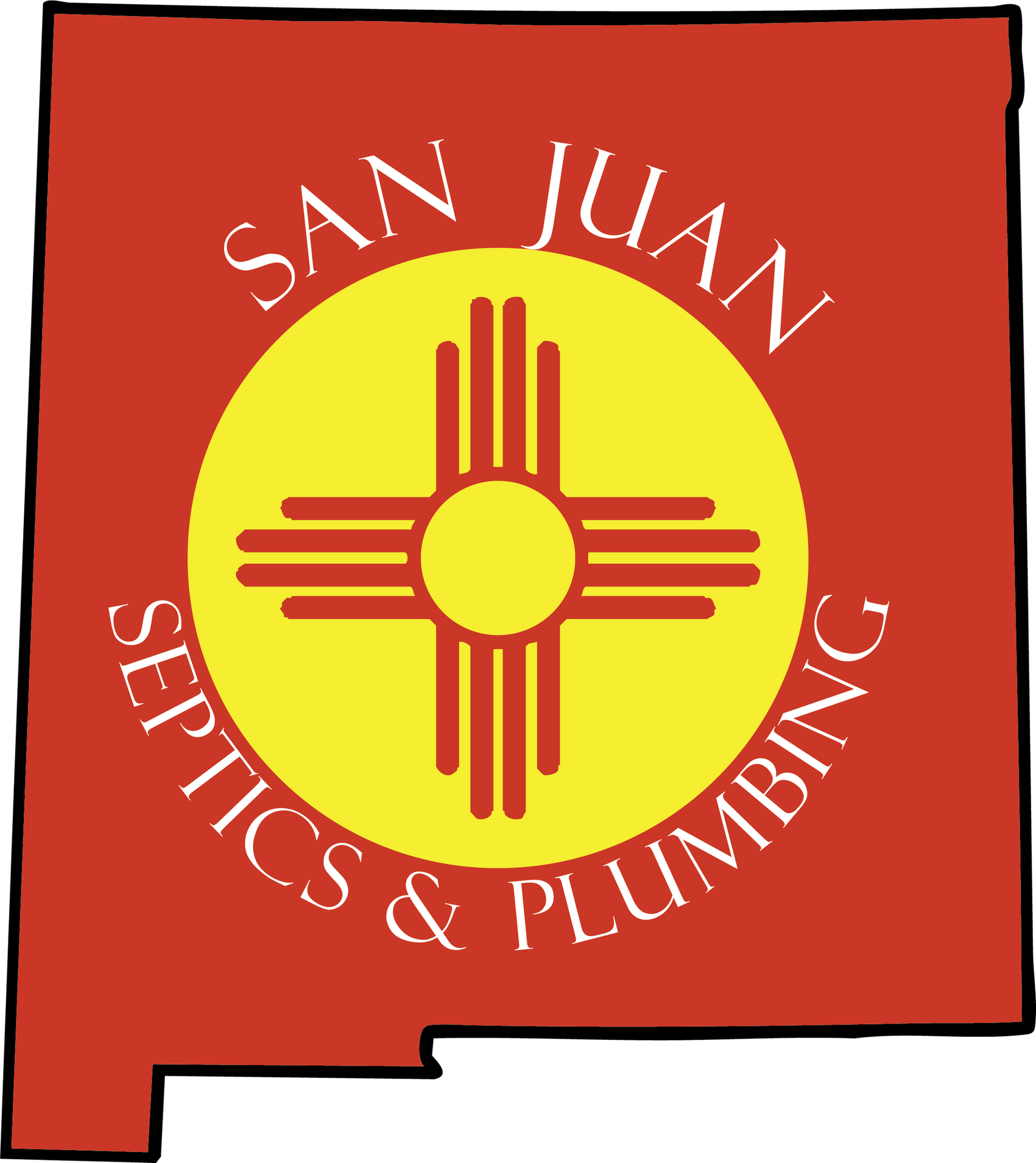San Juan Septics & Plumbing logo: red background with yellow Zia symbol and white text