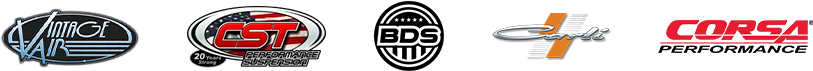 Multiple oval logos in black, red, gray, and orange on a white background, including CORSA performance.